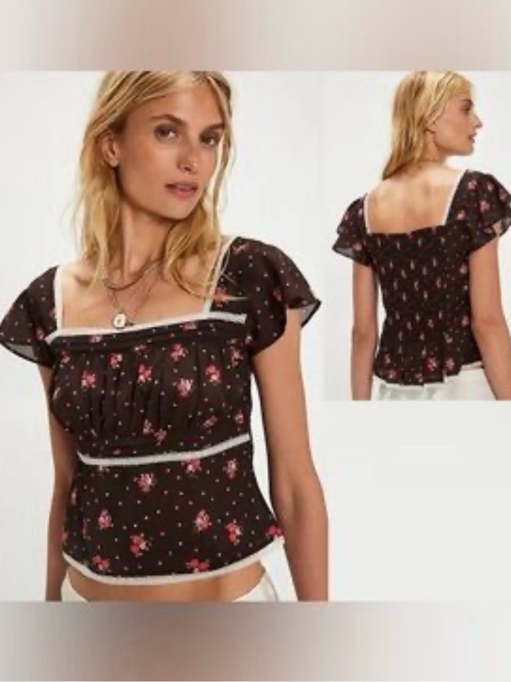 Free People brown Floral Square-Neck flutter Sleeve Blouse